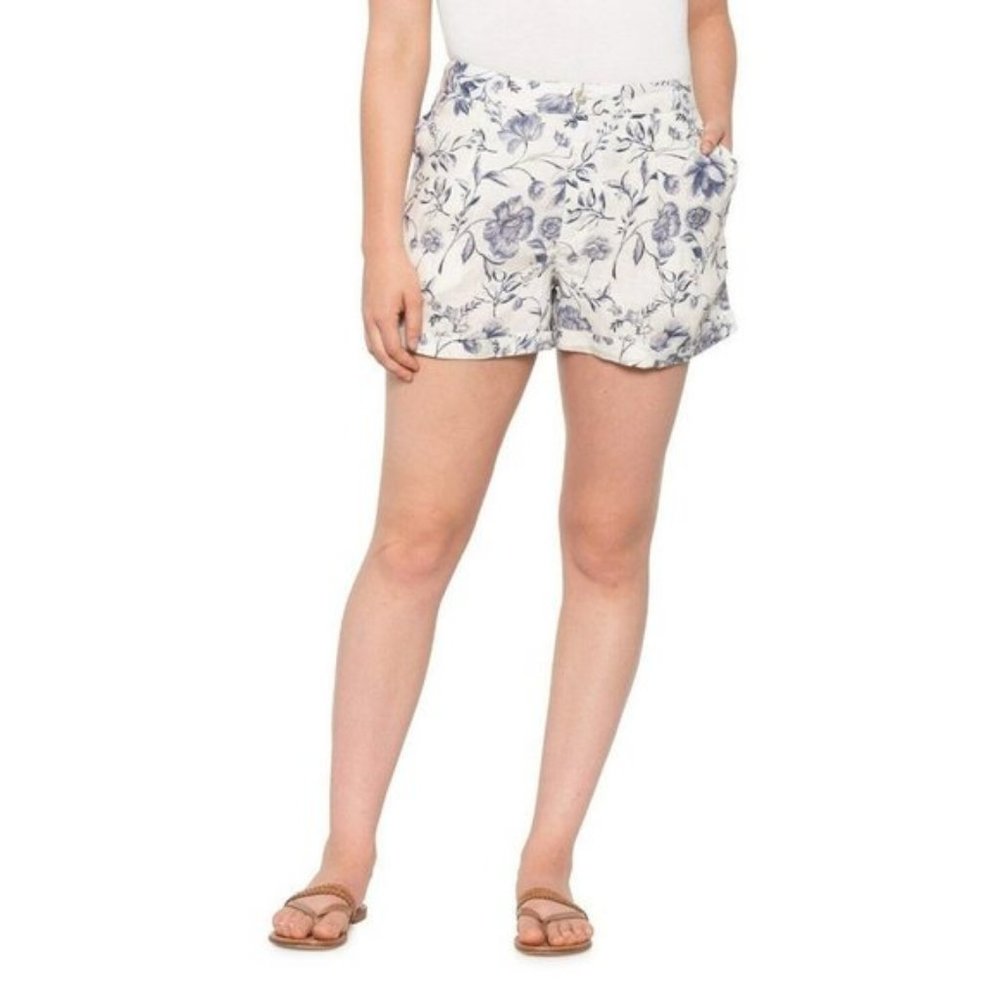 Cynthia Rowley 100% Linen Blue and White Floral Cuffed Shorts Size 12